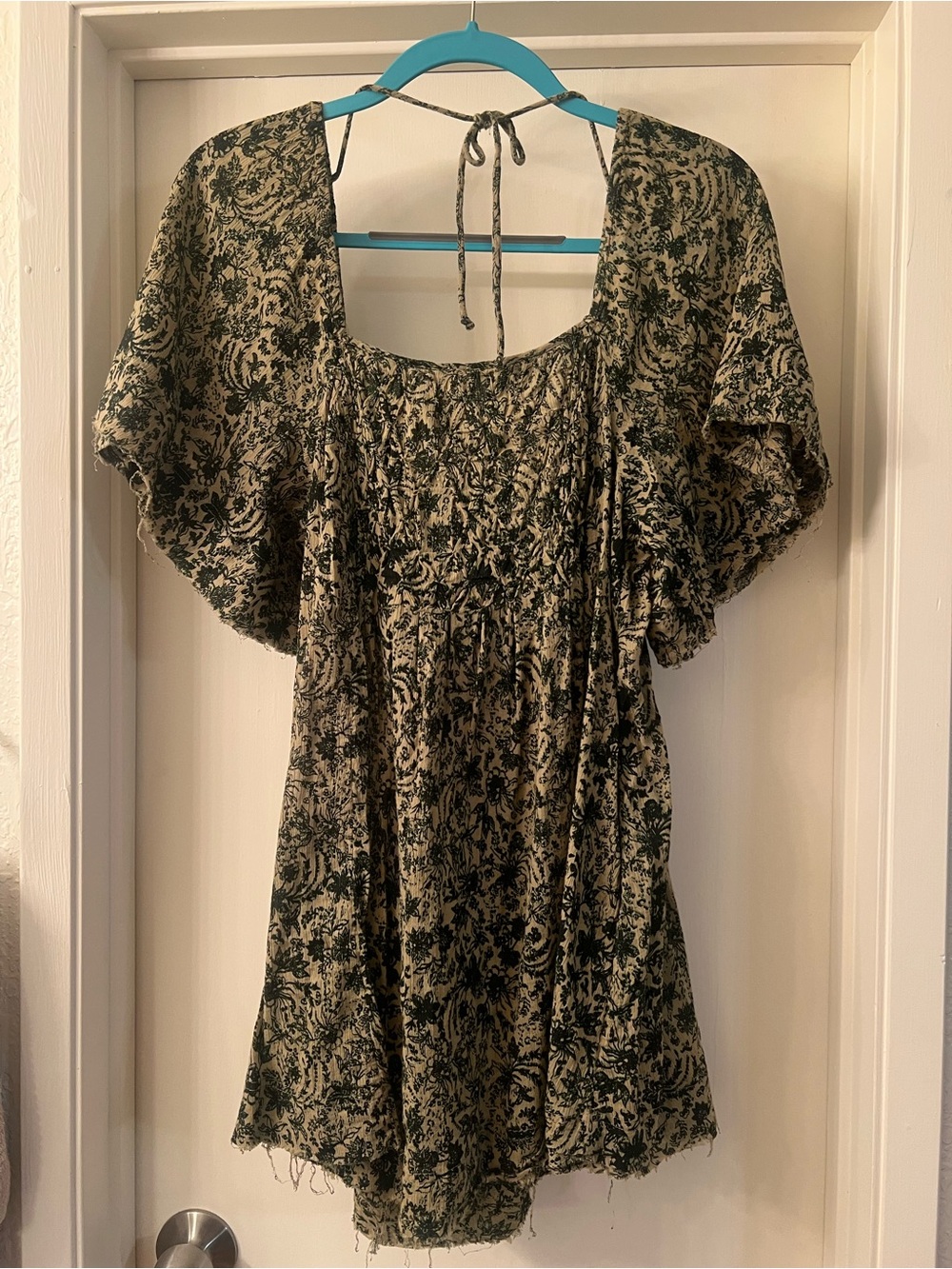 Free People Olive Green and Cream Floral Peasant Tunic